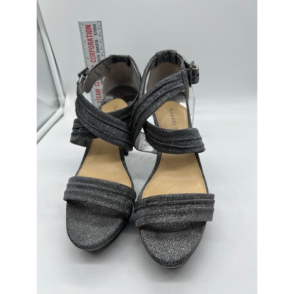 9 M Gianni Bini Silver Glitter Strap Sandal 4” High Heel Open Toe Platform Sling - Picture 4 of 8